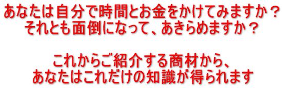 あなたは自分で時間とお金をかけてみますか?それとも面倒になって、あきらめますか?これからご紹介する商材から、あなたはこれだけの知識が得られます。
